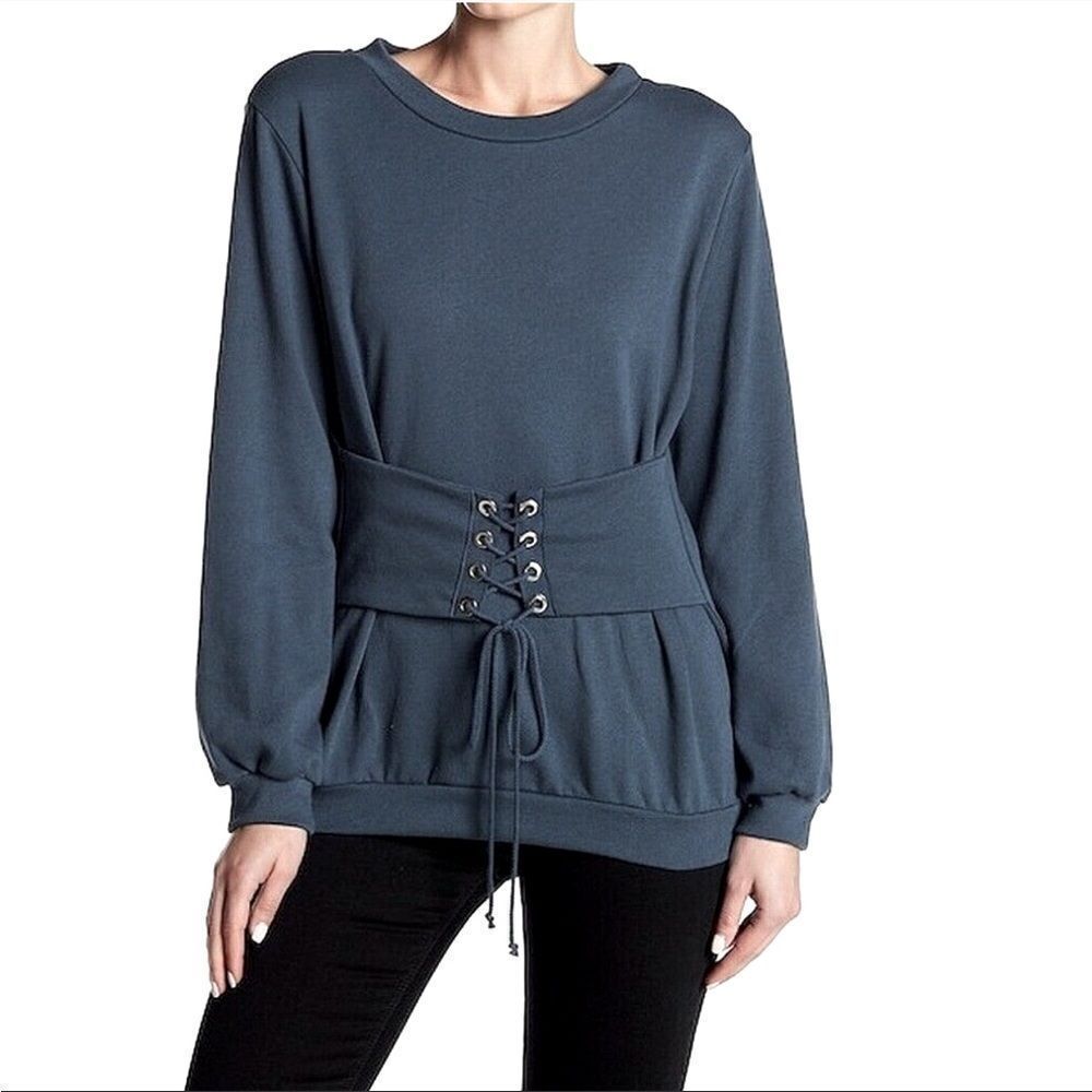 LUSH XL Corset Lace-up Teal Cotton Terry Cloth Inner Pullover Sweatshirt